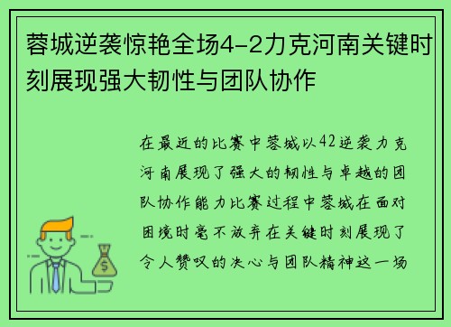 蓉城逆袭惊艳全场4-2力克河南关键时刻展现强大韧性与团队协作